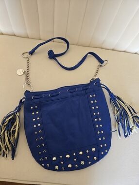 Blue Drawstring Shoulder Bag with Interior Card Slots